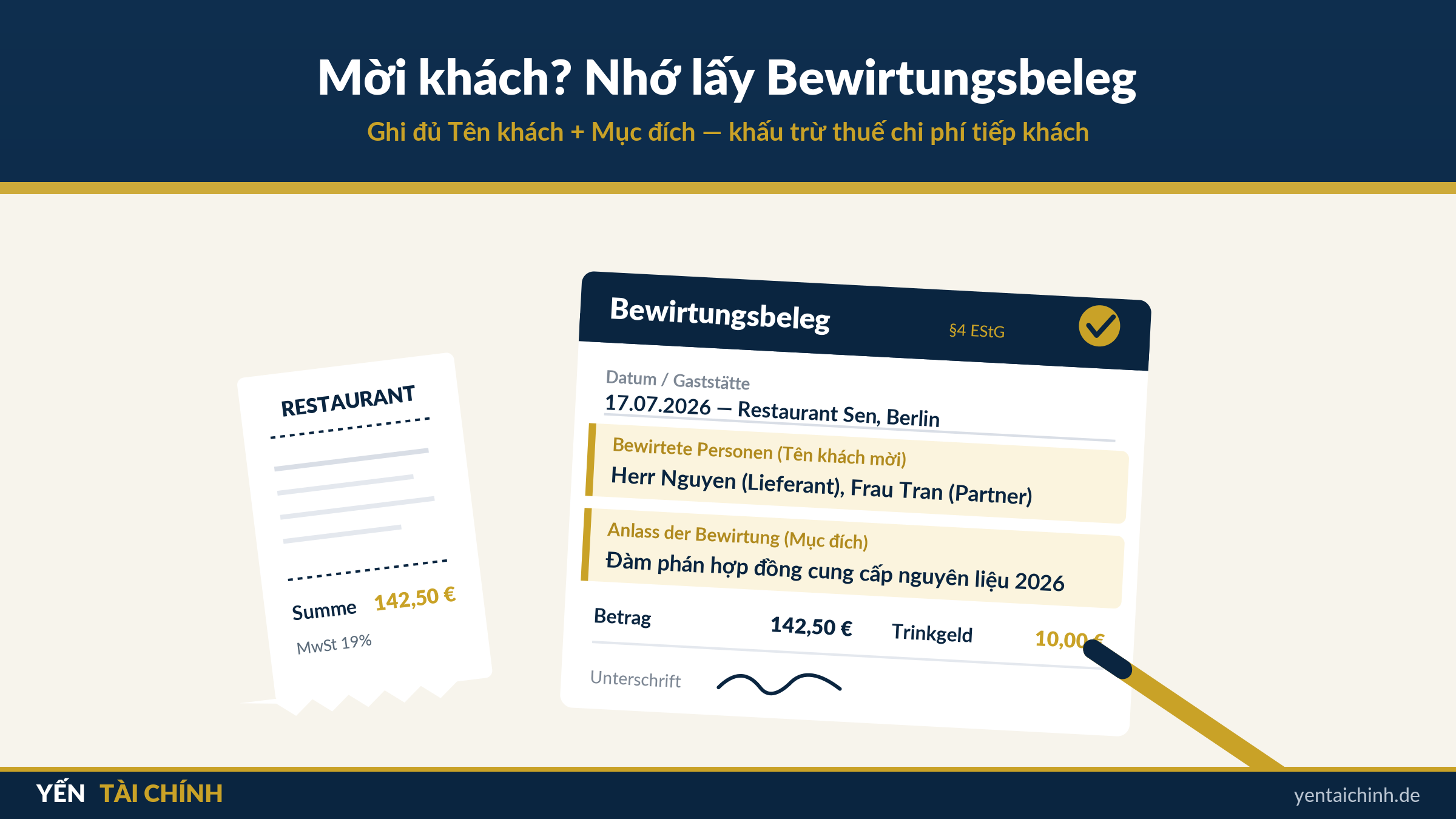 Bewirtungsbeleg hóa đơn tiếp khách - khấu trừ thuế chi phí mời khách ở Đức