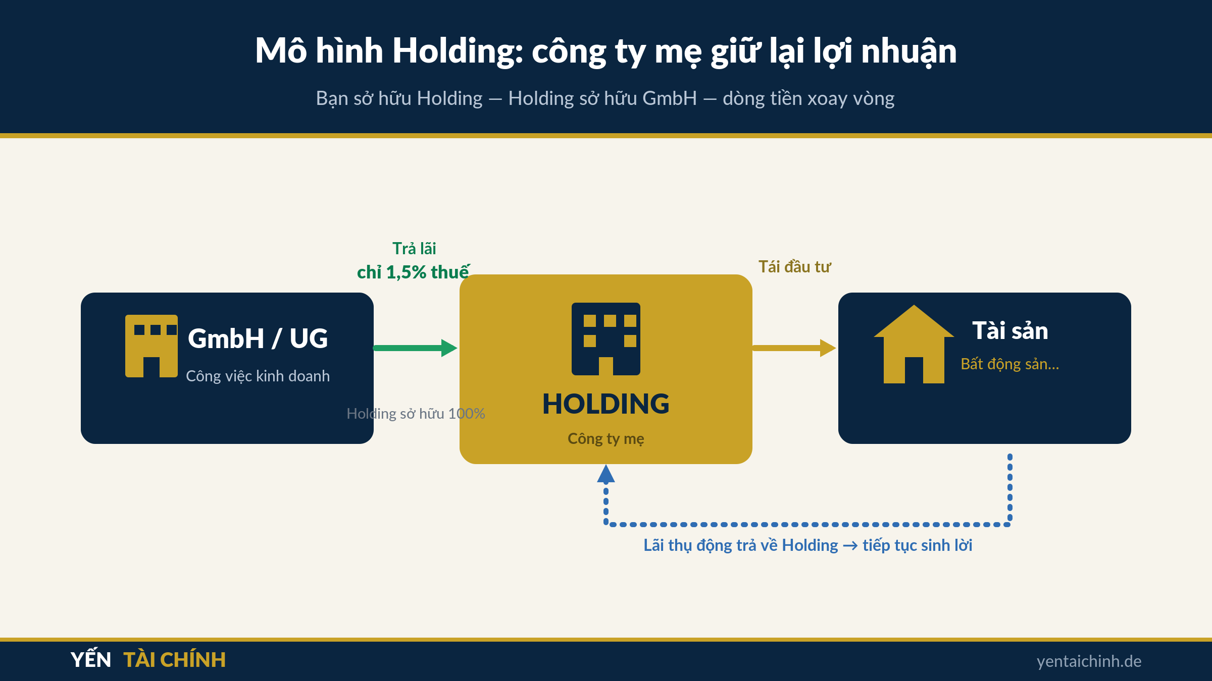 mô hình Holding công ty mẹ sở hữu GmbH và tái đầu tư tài sản ở Đức
